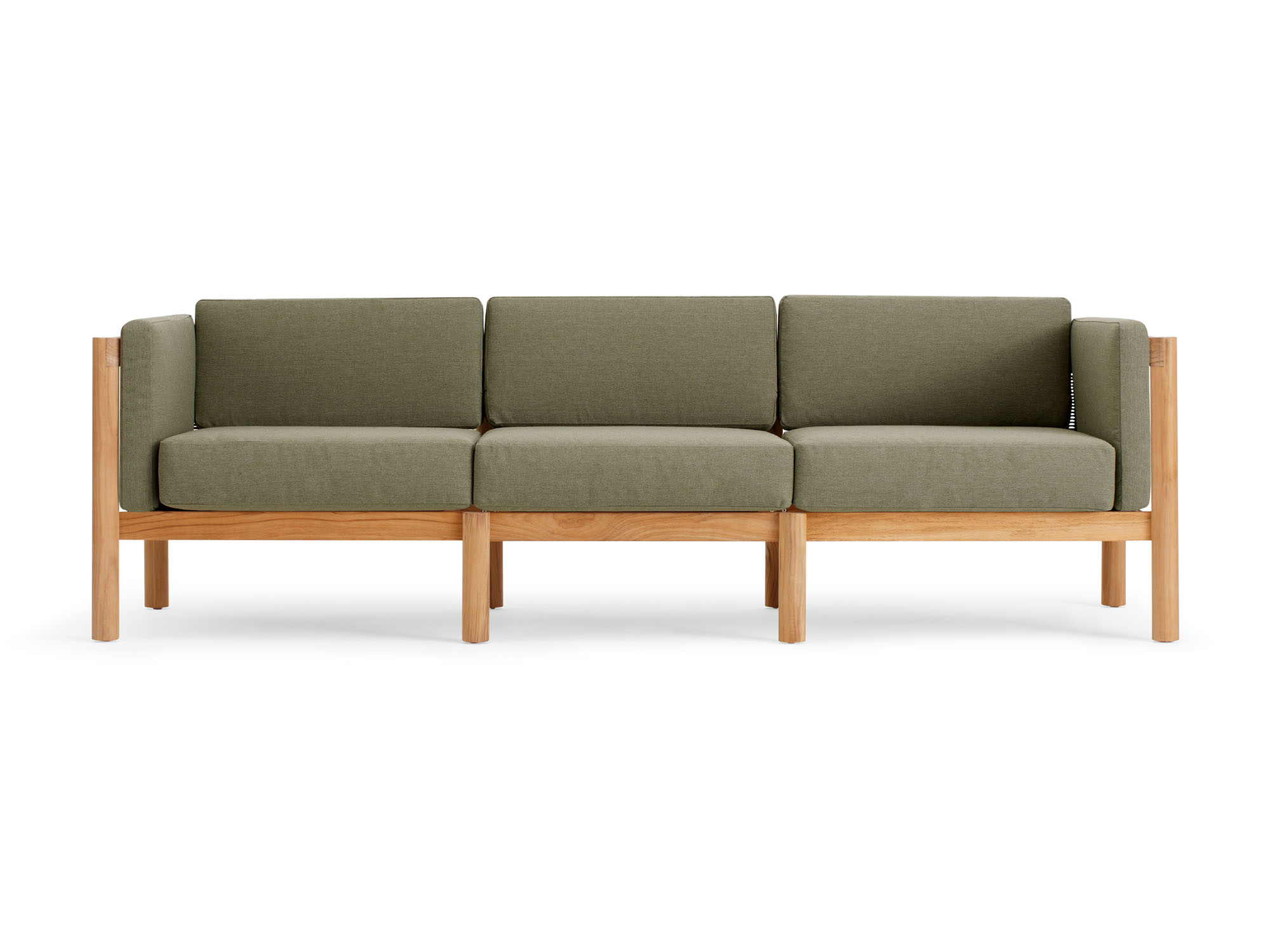 Front view of outdoor sofa with green arm cushions